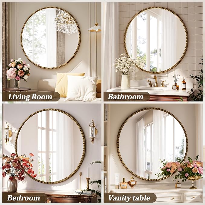 24 Inch Round Bathroom Mirror - Luxurious Retro Beaded Circle Decorative Wall Mirror with PU Frame Hanging Leaning as Art Decor for Entryway, Bedroom, Living Room, Hallway, Gold