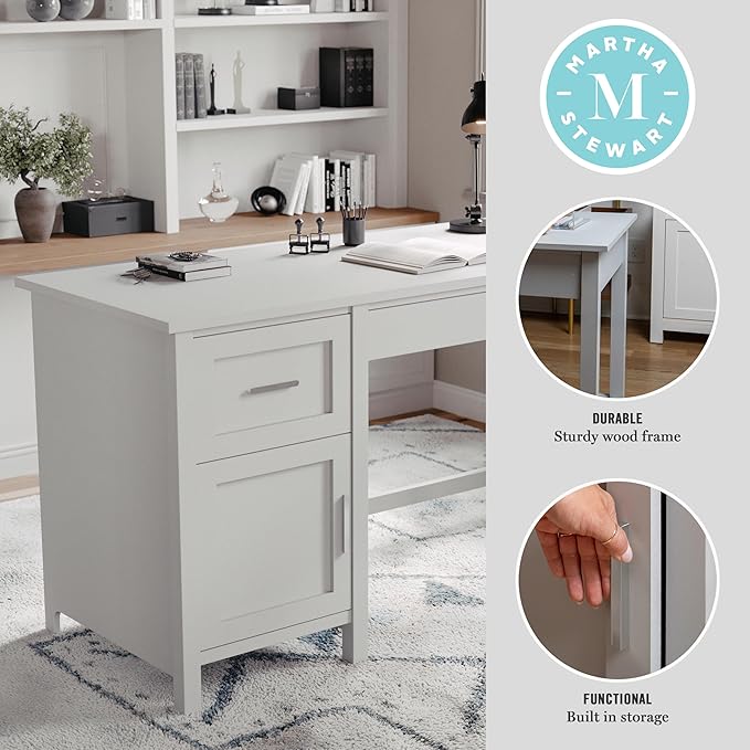 Martha Stewart Hutton Shaker Style Home Office Desk with Storage in Gray with Brushed Nickel Hardware