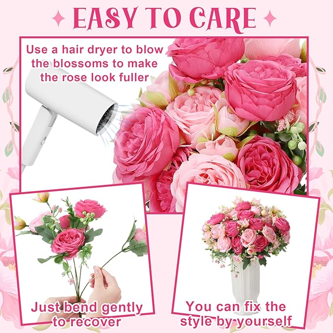 8 Pack Pink, Hot Pink Peonies Artificial Flowers, Fake Silk Hydrangea Bouquet for Bridal Wedding Home Table Decor Reusable Dining Opening Ceremony Birthday Arrangement Faux Floral