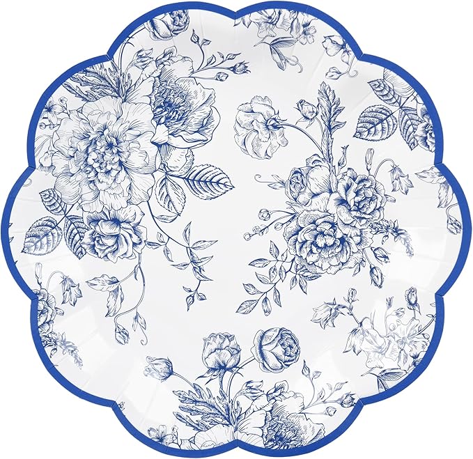 Blue Floral Party Plates Vintage Floral Leaf Disposable Paper Plates Wildflower Blue Toile 7" Scalloped Rim Dessert Plates for Christmas Birthday Bridal Tea Party Supplies (48)