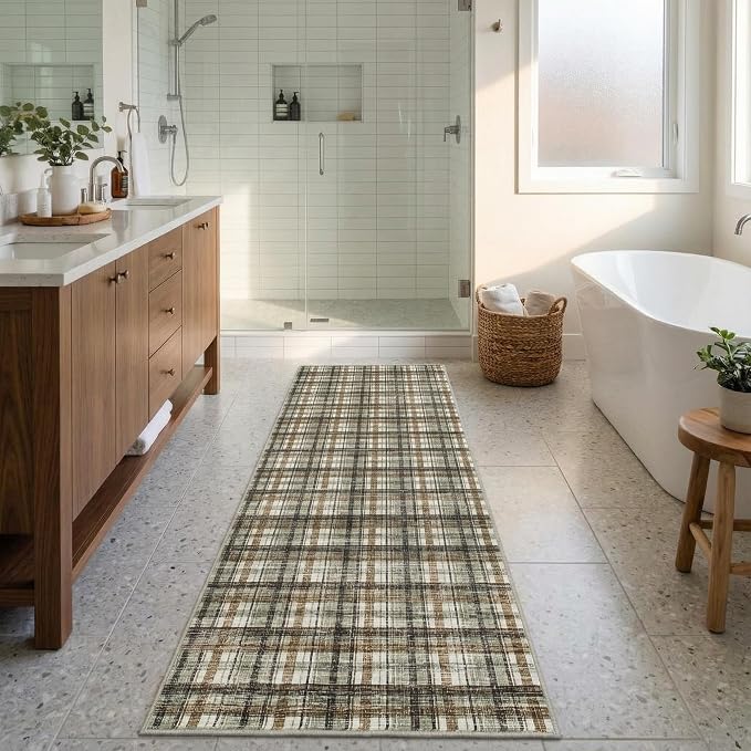 Washable Runners for Hallways 2x8 Rug Modern Bathroom Rugs Non Slip Kitchen Rugs Farmhouse Low Pile Entryway Rug Soft Stain Resistant Carpet for Laundry Hallway Bedside, 2'x8' Celadon&Coffee