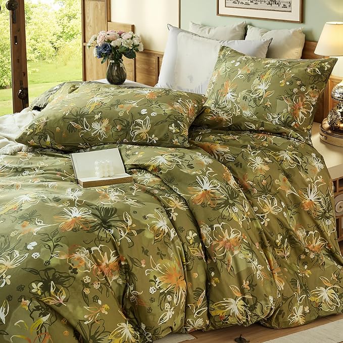100% Cotton Duvet Cover Queen Size – Vintage Olive Green Floral Duvet Cover Set with Zipper Closure, 3-Piece Soft Breathable Natural Premium Cotton Bedding Set for All Seasons
