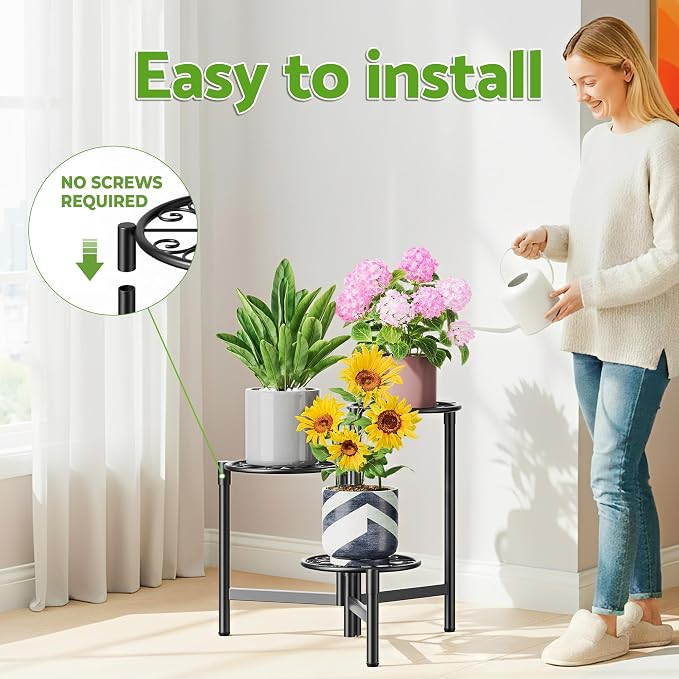 Metal Plant Stand Outdoor Indoor, 3 Tier Foldable Corner Tall Plant Shelf for Multiple Plants Flower Pot Holder Display Stand for Living Room Balcony Garden Patio -BlackS
