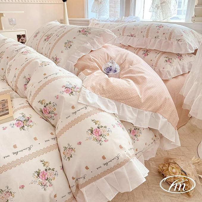 VM VOUGEMARKET White Ruffle Comforter Set Queen with Elegant Pink Flower Printed Romantic Lace Comforter with 2 Pillow Shams Princess Bedding Comforter Set for Teen Girls(3pcs,Queen)