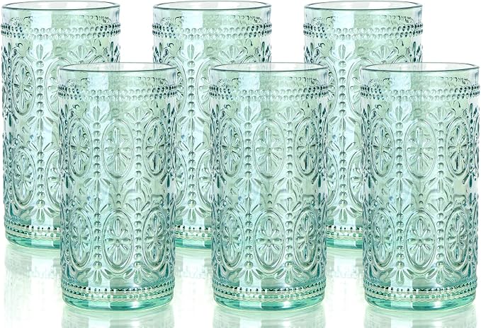 Darlion 6 Pack Highball Embossed Beverage Glass Cup, 12oz Green Glassware Drinking, Vintage Drinking Glasses, Colored Water Glasses for Party Wedding Home Office and Gift