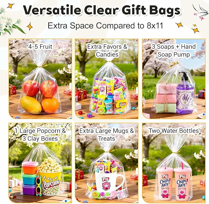 PigPotParty 10"x 14", 100Pcs Bottom Gusset Bags, Clear Plastic Gift Bags, Cellophane Mug Treat Goodie Bags with 100x Twist Ties, Large Party Favor Packaging, Toy Wrapping (No Side Gusset)
