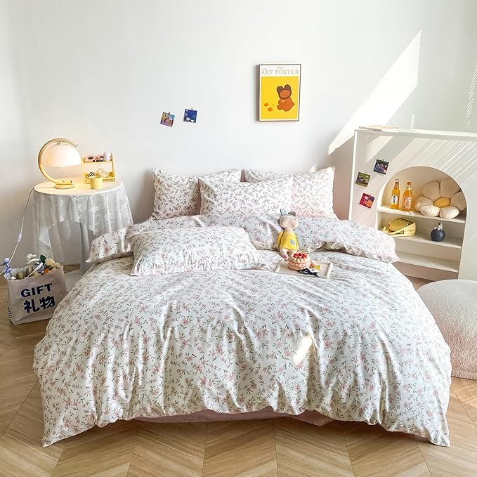 LifeTB Garden Style Pink Floral Comforter Set Full Size All Season Chic Floral Farmhouse Bedding Comforter with 2 Pillowcases Vintage Botanical Comforter Set Fluffy Cozy Comforter for Girls Women
