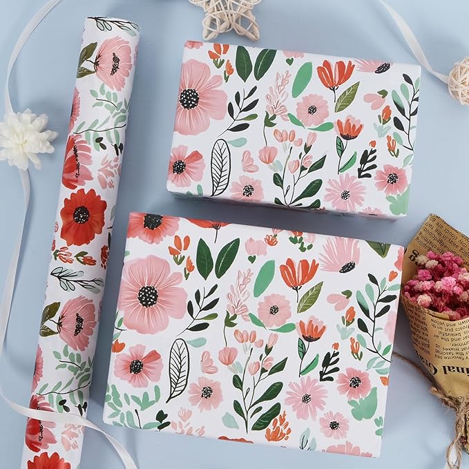 RayofSun Pink Floral Wrapping Paper Roll 17 in x 32 ft Mini Roll All Occasion Wildflower Flower Green leaves Gift Wrap Paper for Wedding Birthday Bridal Shower Party Wrapping Supplies