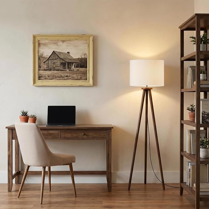 Buruis 60.6" Solid Wood Tripod Floor Lamp with 15.7" Large Linen Shade, Mid-Century Walnut Finish Standing Lamp for Living Room, Bedroom, Office, Corner, UL Listed, Bulb Not Included, Cream