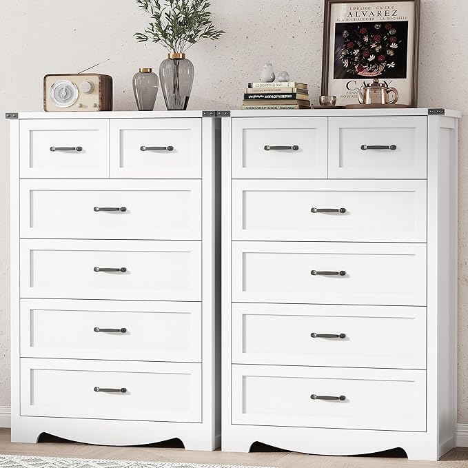 Dresser for Bedroom with 6 Drawers, 49" Tall Wood Chest of Drawers with Deep Drawers & Mental Handle, Modern Dresser TV Stand, Wooden Closet Storage Organizer for Living Room, Hallway, Entryway, White