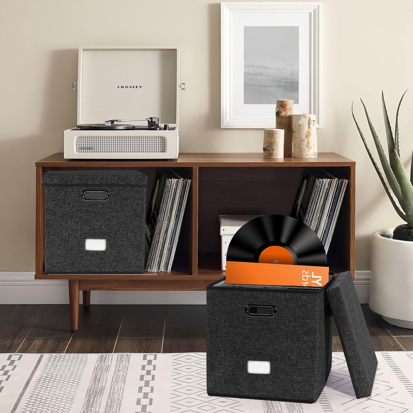 Skiennix Vinyl Record Storage Box - Holds 50+ LPs, Decorative Organizer with Lid | Black
