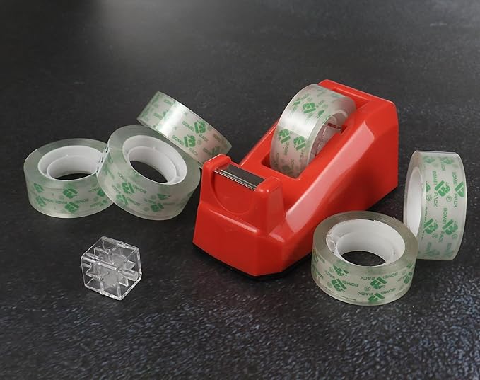BOMEI PACK Cute Red Desk Tape Dispensers, 1 Pack with 12Rolls Transparent Tape, 1 Inch Core, for School, Office and Home DIY