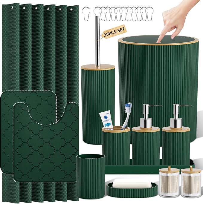 Dark Green Bathroom Accessory Set - Bathroom Sets, 25PC Bath Accessories Set, Bathroom Sets with Push Top Trash Can, Shower Curtain and Rugs, Toilet Brush, Trash Can & Soap Dispenser