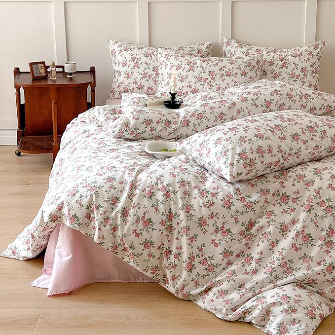 Pink Floral Duvet Cover Queen Soft Cotton Girls Cottagecore Bedding Set Botanical Peach Flower Comforter Cover with Zipper Closure Vintage Country Bedding Aesthetic Duvet Cover with 2 Pillowcases