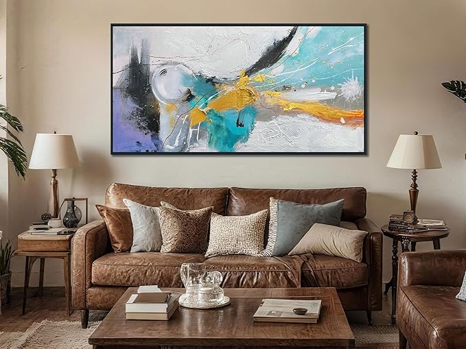 Arjun Large Abstract Wall Art for Living Room Wood Framed, Black and White Canvas Painting for Mens Room Textured Modern Picture Bedroom Home Office Wall Decor 48"x24"