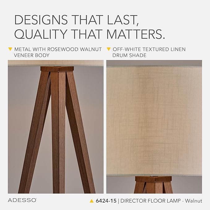 Adesso Floor Lamp with Walnut Rosewood Veneer and Beige Fabric Lampshade – 3-Way Adjustable Brightness, Lamp for Bedroom, Living Room, and House Décor, 60.25” x 21”