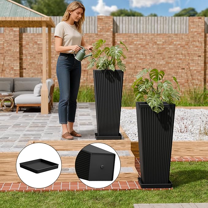 Tapered Tall Planters for Outdoor Plants 2 Pack- 23.6 Inch Square Indoor Flower Pots with Drainage Holes and Partition/Tray Saucers, Large Outdoor Planters for Porch Patio Garden, Black