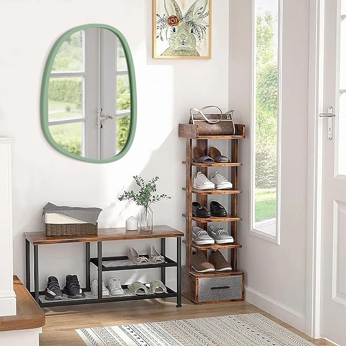 Asymmetrical Mirror for Wall Decor Green Modern Wooden Framed Wall Mirror Unique Shape Wall Mounted Vanity Artistic Mirror Decorative for Living Room Bedroom Bathroom Entryway Large 26"x18"