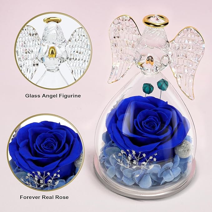Yamonic Mom Birthday Gifts for Mom, Angel Figurines with Real Rose Gifts for Her Mom Grandma,Preserved Flowers Rose Angel Figurines for Mothers Day Christmas Anniversary Birthday Gifts for Her (Blue)
