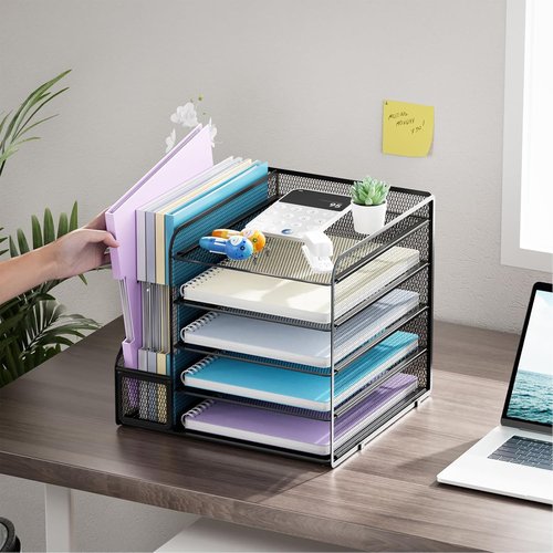 Marbrasse Desk Organizer - 5-Tier Mesh Letter Tray with File Holder | Office Supplies Organizer (Black)