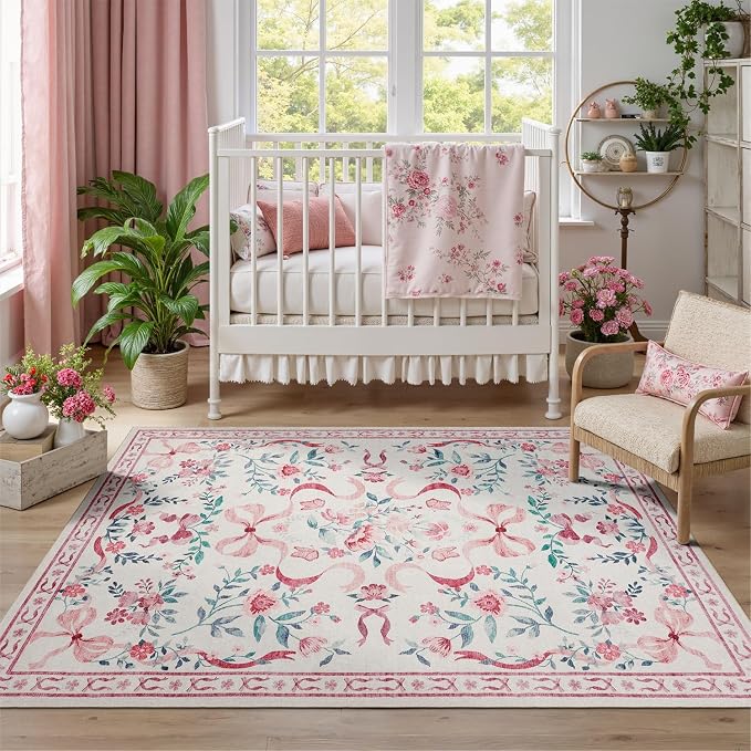 DCX Washable 4x6 Bow Rug, Pink Floral Rug for Girls’ Bedroom, Cute Soft Low Pile Indoor Décor Carpet, Kid & Pet Friendly Nursery Rug for Living Room, Dorm, Playroom