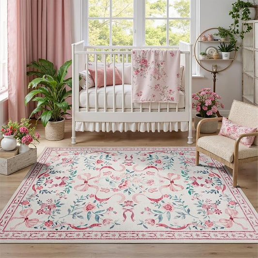 DCX Washable 6x9 Bow Rug, Pink Floral Rug for Girls’ Bedroom, Cute Soft Low Pile Indoor Décor Carpet, Kid & Pet Friendly Nursery Rug for Living Room, Dorm, Playroom