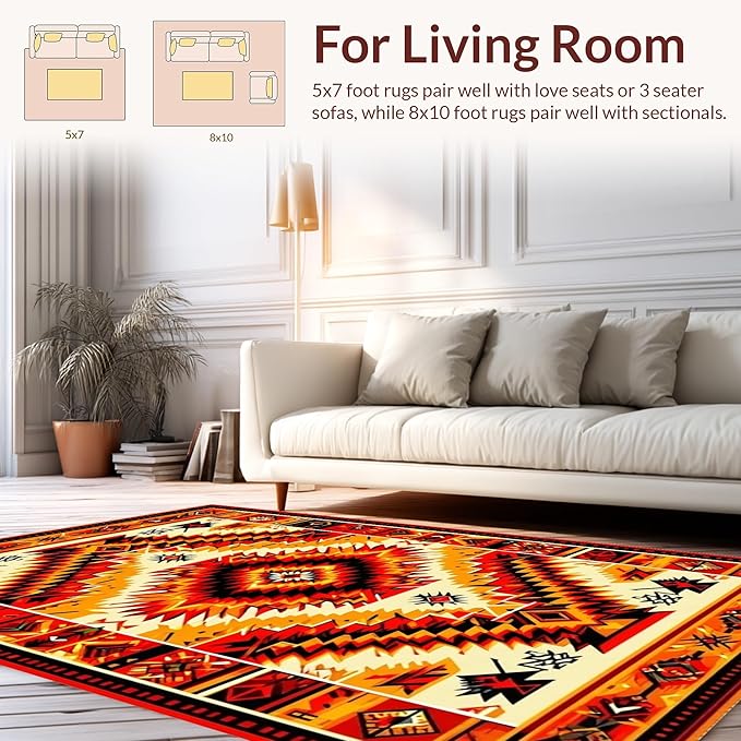 Flatwoven High Traffic Area Rug 4x6, Vintage Aztec Adventure Rug, Non Slip, Stain Resistant, Washable Area Rugs for Living Room, Bedroom (Red, 4x6)