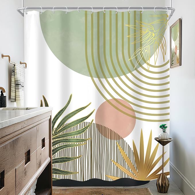 KOMLLEX Mid Century Boho Shower Curtain for Bathroom Decor Abstract Green Modern Minimalist Red Aesthetic Sun Arch Curve Leaves Geometric Neutral Fabric Waterproof Polyester 12 Pack Hook 60Wx72H