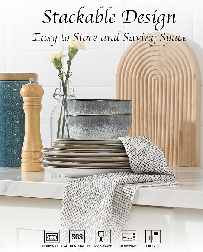 Sweejar Dinnerware Sets Service for 4, 12 pcs Porcelain Plates and Bowls for Kitchen, Housewaring Gift, Chip and Scratch Resistant Dish Set, Handmade Dishwasher and Microwave Safe Plate Set, LightGray