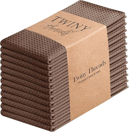 TWINY threads Kitchen Towels Set of 12, 16x26 Inches, 100% Cotton Waffle Weave Dish Towels, Soft and Super Absorbent Hand Towel with Hanging Loop for Kitchen, Daily Use, Brown