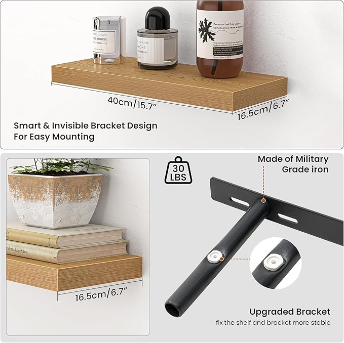 Heimlove Floating Shelves for Wall,16 inchs Shelf for Small Bathroom,Mounted Storage & Display Wood Shelves for Bedroom,Living Room,Kitchen,Office,Set of 2,Oak Color