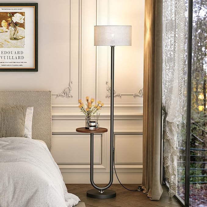 62.9" Floor Lamp with Table Brown, White Lampshade Vintage Standing Lamp with Tray Foot Switch, 3 Color Temperatures LED Bulb Included, for Living Room, Bedroom