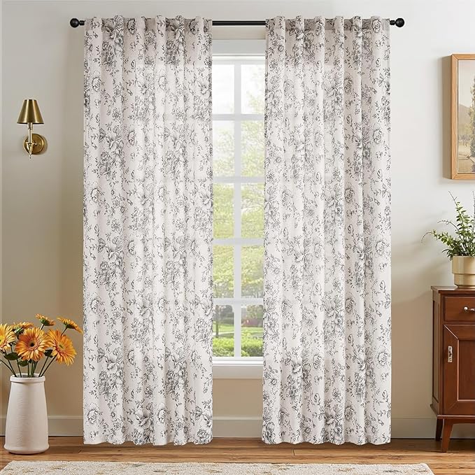 jinchan Linen Blend Curtain Floral Curtains Extra Wide for Living Room 84 Inch Length Black Printed Curtain Back Tab Farmhouse Peony Flower Patterned Drapes Bedroom Window Curtains Set 2 Panels