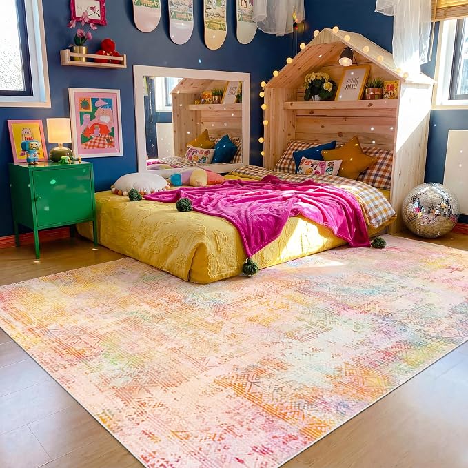 Kokia Abstract Area Rugs 8x10 Bedroom Soft Living Room Rugs Washable Distressed Vintage Comfy Pink Orange Carpet with Non-Slip Backing for Farmhouse Home Office Room Decor, Oslo Sunrise