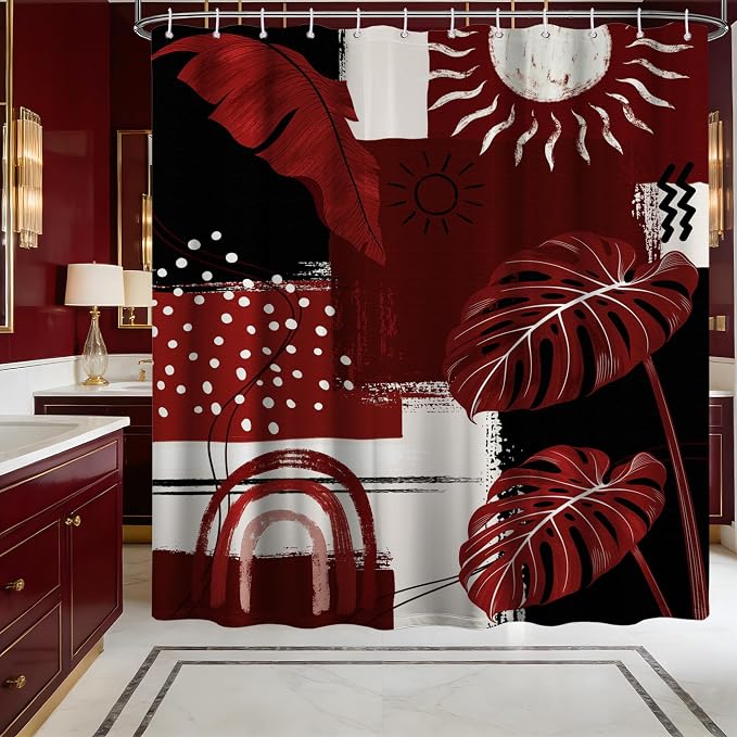 Small Stall Narrow Shower Curtain Black and Red Stand Up Burgundy Abstract Boho Shower Curtains for Rv Camper Bathroom Decor Sets, Waterproof Cloth Fabric with Hooks, 48 x 72 Inch