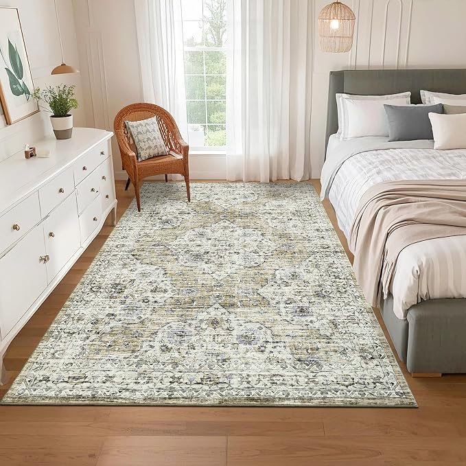 Washable 5x7 Area Rug Boho Vintage Soft Living Room Rug Non-Slip Dining Room Floor Carpet Low Pile Non Shedding Boho Accent Rug Oriental Indoor Carpet for Bedroom Home Decor Office, Brown Yellow