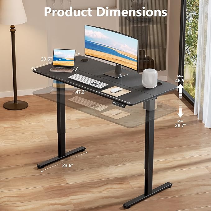 Standing Desk Home Office Desk, 48 x 24 Inches, Electric Height Adjustable Ergonomic Rising Computer Table, 4 * 2ft, Black Desk