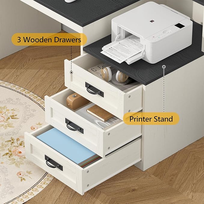 TVU Farmhouse Computer Desk with Drawers, 65'' Home Office Desk with Power Outlets, Storage Cabinet and Printer Stand, Study Writing Desks with Long Monitor Stand, Black and White