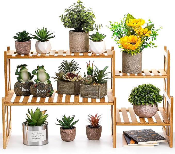 Lawei 2 Tier Bamboo Tabletop Plant Stand, Adjustable Flower Pot Holder Shelf Planter Display Stand, Small Desktop Ladder Plant Rack for Indoor Outdoor Home Patio Lawn Garden Balcony Organizer