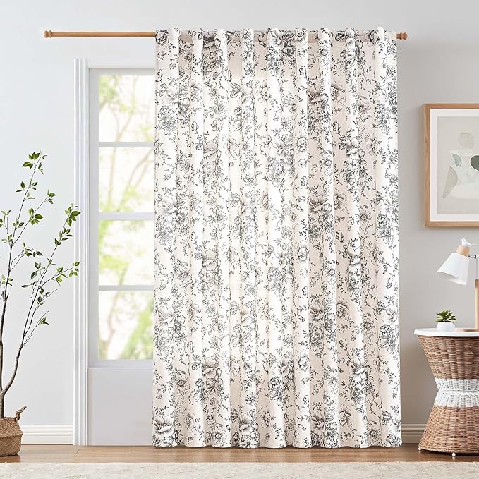 jinchan Linen Floral Curtains Extra Wide for Patio Sliding Glass Door Room Divider Curtain for Living Room 84 Inch Length Farmhouse Peony Black Printed Curtain Set 1 Panel