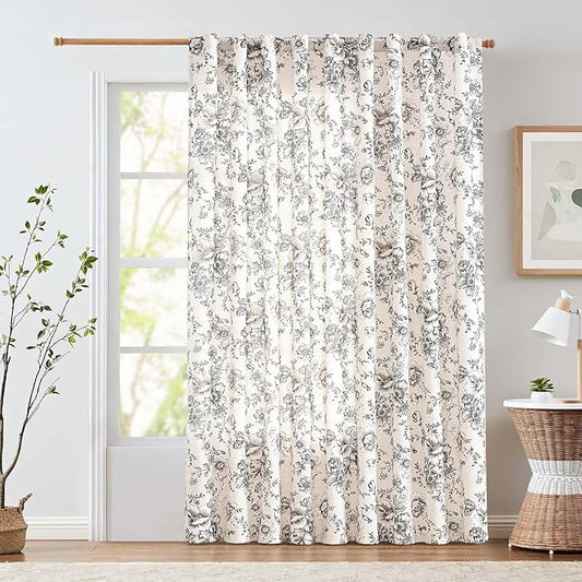 jinchan Linen Floral Curtains Extra Wide for Patio Sliding Glass Door Room Divider Curtain for Living Room 84 Inch Length Farmhouse Peony Black Printed Curtain Set 1 Panel