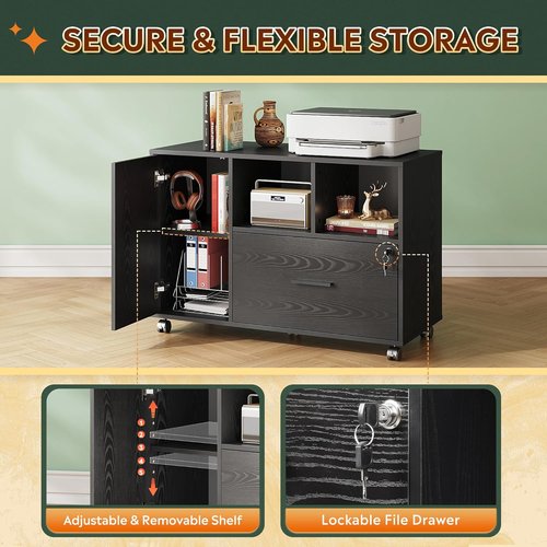 DEVAISE Office File Cabinet - Lockable 1-Drawer Lateral Filing Cabinet on Wheels | Black with Open Storage Shelves