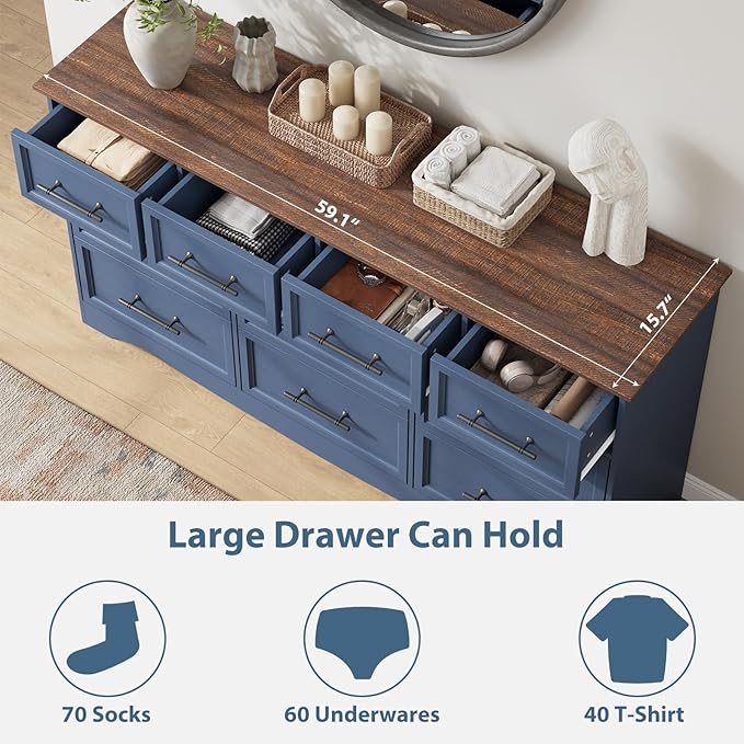 Blue 10 Drawer Dresser for Bedroom, 59" Wide Chest of Drawers w/Brushed Metal Handle, Wood Dresser TV Stand Closet Organizers and Storage Cabinet for Bedroom, Living Room, Hallway
