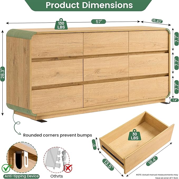 Natural Dresser for Bedroom with 9 Drawers, 57" Wide Modern Drawers with Curved Design, Wood Drawer Organizer for Living Room, Hallway
