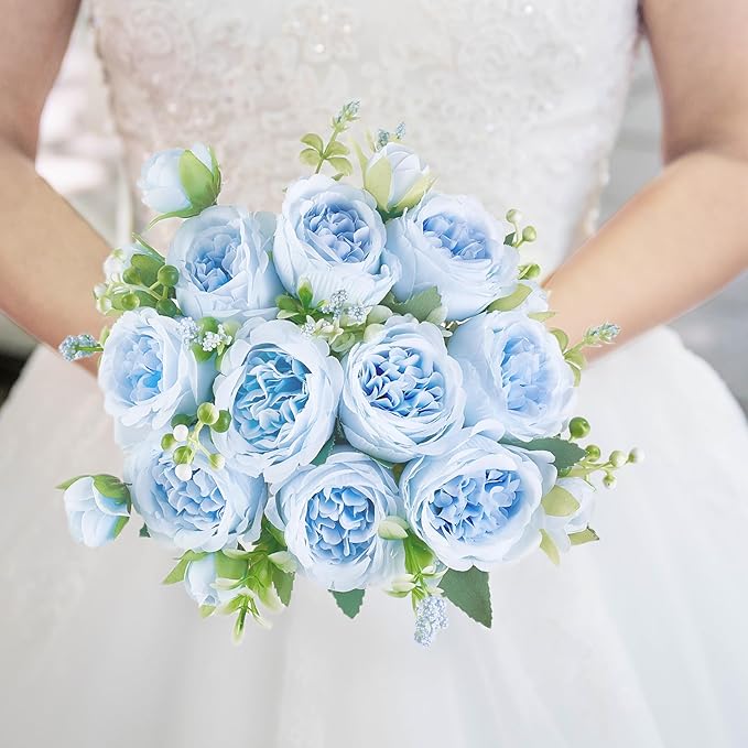Mkono Peonies Artificial Flowers, Small Silk Flowers for Home Decor Indoor Fake Bouquet Faux Floral Arrangements Dining Table Centerpieces for Kitchen Bridal Wedding Party Decor Blue