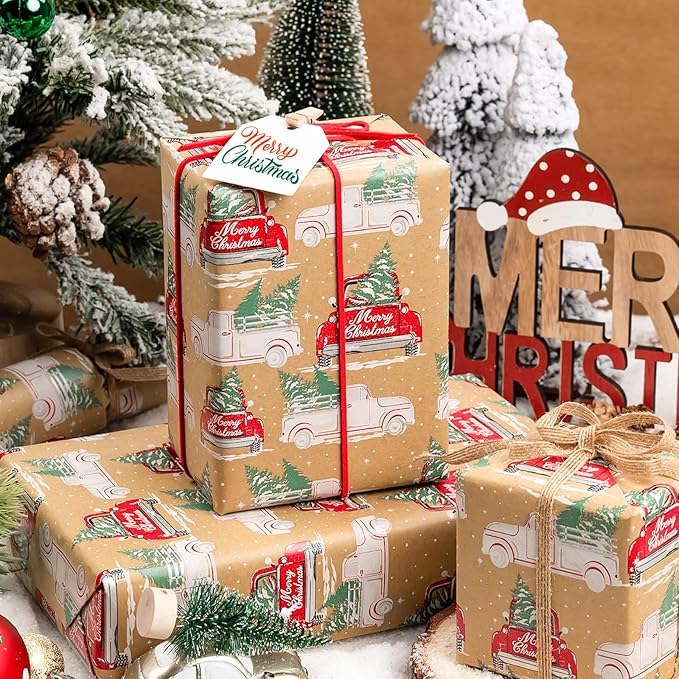 MAYPLUSS Kraft Christmas Wrapping Paper Roll - 17 Inch X 33 Feet - Recyclable Red Vintage Truck with Pine Trees Kraft Festive Winter Gift Wrap Paper Sheet for Christmas, Holiday, Party Decor, New Year