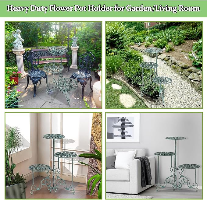 OwnMy 3 Tier Heavy Duty Cast Iron Plant Stand Foldable Wrought Iron Flower Pot Holder, Indoor Outdoor Tall Plant Stand Shelf for Garden Patio, Decorative Round Metal Plant Display Rack, Antique Green