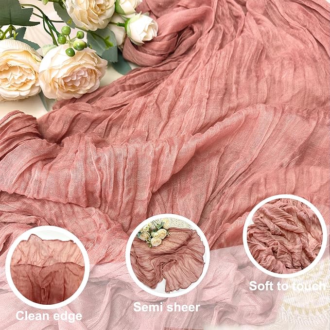 Booque Valley 3 Pack Dusty Blush Cheesecloth Table Runner 10ft Super Soft Boho Wrinkled Gauze Sheer Cloth for Baby Shower Baptism Birthday Party Wedding Centerpiece Table Decoration, 35x120 Inch