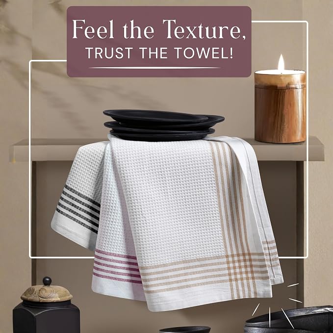 Waffle White & Multi Colors Kitchen Towels 12 Pack, 100% Cotton, 16x26 inches, Durable Dish Towel, Quick Dry Dishcloths, Ideal for Drying, Wiping - Beige, Black, Burgundy Wine