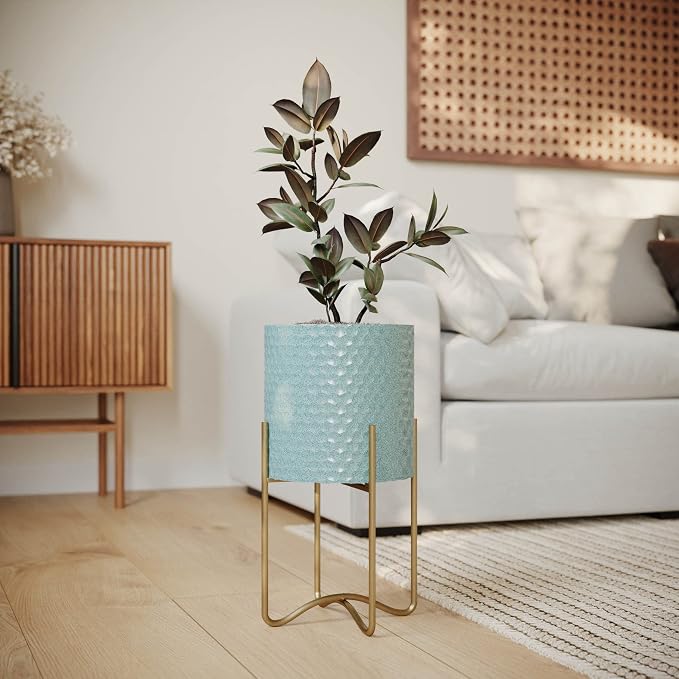 EverNest Mid-Century Modern Rhys Honeycomb Embossed Planter Pot with Ambrose Stand, Metal Indoor Plant Pots, Blue Green Bohemian Style (Medium 2 Gallon)